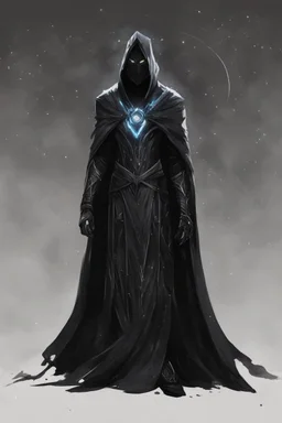 character design, concept art, god of black hole, space void black hole god entity, black void body, glowing eyes, cape of stars, black hole character design