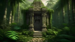 an ancient tiki temple with withered walls swallowed by nature in a dense jungle in a background format with a frontal view with no door just an opening the temple facing forward with an extremely dense jungle