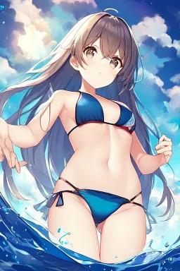 an anime waifu at the beach in a bikini back floating