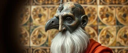 pin hole cam, master oil painting by Rembrandt, realistic rendering Portrait of the Apkallu sage who were sent by the god Ea to teach civilization to humanity before the flood. They were depicted as half-human and half-fish or bird, and were associated with wisdom, magic, and culture. blurred tile yin yang pattern background, brightened edges to give a sense of depth