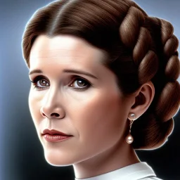 analog style, half-length color photo shoot, three-quarter face pose of carrie fisher as Princess Leia with realistic fine and very simple short hair, entrancing deep brown eyes, Intricate, High Detail, Sharp focus, realism, rim lighting, Nikon D850, ef 85mm 5.6 by Annie Leibovitz, dark plain background