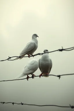 Extremely realistic photo of two white doves prison wall bare wire , fog, general foul weather, (Rembrandt Lighting), zeiss lens, ultra realistic, (high detailed skin:1.2), 8k uhd, dslr, Dramatic Rim light, high quality, Fujifilm XT3, artwork in pale distressed tones , minimalistic approach, blends old world aesthetics art with elements of distressed painting and illustration, shadow play, high conceptuality, palette inspired by Charlene Mc Nally,