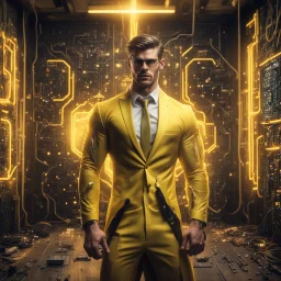 Hyper Realistic handsome muscular Electric-Superhero wearing long-fancy-yellow-tuxedo & fancy-glasses in a dark-rustic-circuit-room with electric-sparks & a massive circuit-board-wall