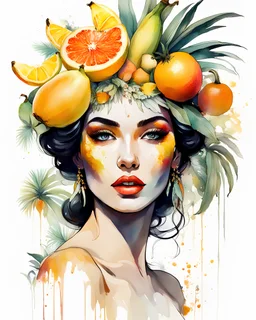 create an ethereal, illustration of a divine female with soft facial features and a seductive look on a plain white background surrounding her, in the style of Ralph Steadman, with a headpiece of tropical fruits, bananas, pineapples, citrus, cream, orange,painted in a faded colors,