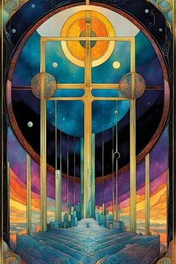 Create a chaotic abstract cubist Tarot Card depicting an ornate,The Four of Swords , in the style of Bill Sienkiewicz, Philippe Druillet, Gustav Klimt, Alphonse Mucha, and Jean Giraud Moebius, precisely drawn, colored and inked, in muted colors, with ornate bordered edges