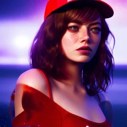 Emma Stone underwater with red hat for hair, closed eyes, rtx, reflection, 8k, glow, winning photography, caustics