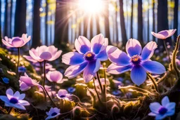 Magic forest with pink anemone, parma or blue light effects colors, sun, realistic, beautiful blue windflowers, spring, high contrast, 8k, high definition, concept art, sharp focus