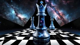 Hyperrealistic illustration of one giant queen chess piece floating in the big galaxy, deep dark universe with stars and nebula, fantasy, dramatic atmosphere. The overall scene moody and surreal, with intricate stunning textures on the queen chess highlight its grandeur and mystery. white-blue mist aura around the chess piece. detailed, stunning illustration