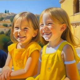 Neoclassicism child smiling at other child painting yellow realistic cote d'azur