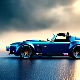 Shelby Cobra 427, blue color, cool color palette, vivid, sharp focus, puddle reflection, refraction, mist on the horizon, overcast, detailed and intricate, intense cinematic composition, redshift style, photorealistic shot