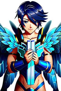 a human male with blue short hair and blue wings in an assymetrical armor with geometric patterns and a book in hand