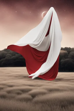 Giant massive huge in stature, majestic entity, hovering and floating over a large field landscape. the entity wears a white and red draped fabric that has printed on the material resembling stars. the fabric has also technological elements. you can see how big it is compared to a tiny human standing in front of it