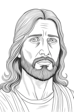 Jesus, realistic, each unique, full view, only draw lines, clean line art, –no sketch, white background, minimalistic black lines, minimal black color, coloring page, thin black line art, perfect shape, perfect clear lines,