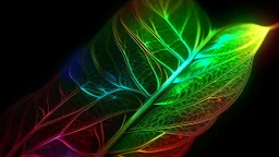 rendering of plant leaf in quantum physics style, leaf pores visible, psychedelic shimmering colors