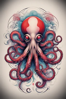 Create a captivating modern 2d colorfull ink tattoo design for print , prestigious (Sacred Octopus) using the elegant influences of japan art style, for print, dynamic elements from fashion and design, and bold Japanese contemporary art aesthetics, framing centered in the center, distanced from the edges of the paper perimeter, perfect anatomy, bauhaus, Divine Proportion,