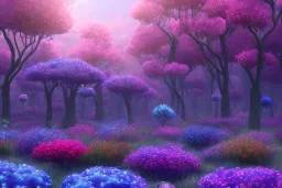 monde en fleurs bleu pink fuksia, concept art, crépuscule , trees bleu pink violet oranger, vibrant Color, réaliste