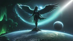 matrix universe, space, planets, god creation, angels from other dimensions with beautiful wings, trees on the planet, behind green crystals of light, few tiberium monolith deposits on the planet near tree,