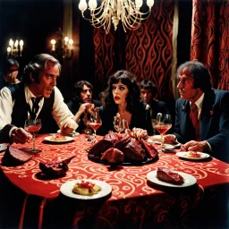 Strong texture, photorealism. Intricate patterns, party, horns, people, table excitement, meat, hypermaximalist, eerily mysterious, volumetric light, Italian horror, Dario Argento. Movie shot, spooky horror. 1970's Italian movie. 33mm photography.