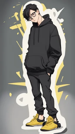 generate a tall guy with green eyes, black short hair, black rectangular glasses, plump lips, wide shoulders, in a black sweatshirt, black pants with pockets on the hips, yellow short socks, in black sneakers, wide shoulders, the guy is crying