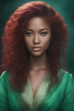 the black Chinese woman with Long wavy, curly (((red hair))) and bright, (((sea-green eyes))), - full color - 32k, UHD, 1080p, 8 x 10, glossy professional quality digital photograph - dark foggy gradated background, historic, powerful, octane rendering, exquisite detail, 30 - megapixel, 4k, 85 - mm - lens, sharp - focus, intricately - detailed, long exposure time, f8, ISO 100 - back - lighting, ((skin details, high detailed skin texture))