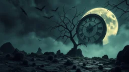 surreal dreamlike scene, nightmare on eart and in sky, midnight in the garden of death, some small black prickly balls on the earth and on sky, mystic gloomy, surreal dark shadows and pale light, stones, cracked eart, dark winter-like vibe, dark weird shapes floatings ,come strom , dark green moss, weird giant black musroom, bats on sky, branch on eart, ruins, rock, deep dark colors, dark twisting tendrils around big clock ,Clock 12 o clock, moon with black darkness, wind, fog, detailed,