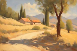 sunny day, mountains, trees, dirt road, countryside, nostalgy influence, adobe house, henry luyten and ludwig dettman impressionism paintings