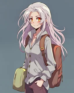 Cute fece, long white hair, gray shirt and with a brown bag, Hunter X Hunter anime style