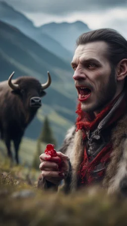 portrait of yodeling vampire in the Carpathian mountains sucking blood from a buffalo,bokeh like f/0.8, tilt-shift lens 8k, high detail, smooth render, down-light, unreal engine, prize winning