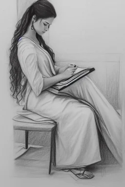 Pencil sketch of Young woman, Arab features,sad, long wavy hair, reading a book, full body، on lined paper