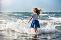 a 10 years old girl standing in seaside ,wavy water ,splash