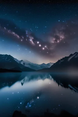 Niebla sobre un lago con montañas de fondo de noche y con la vía láctea en el cielo