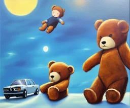 little boy and big teddy bears on moon. drifting in old bmw. oil on canvas