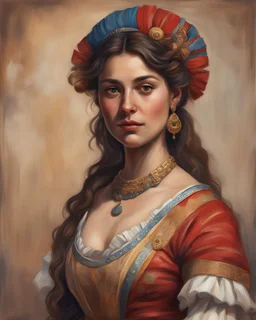 Portrait of a slightly curvy thirty-something minoan woman, wearing ancient minoan Renaissance flamenco clothes, oil-painting. minoan painting in the style of Leonardo da vinci, Dürer, Michelangelo, alan lee, john howe, alphonse mucha. hyperrealistic 3d-render unreal engine 5 photorealism concept art. mixture of selena gomez Florence Pugh amy pond sally field Rebecca drew barrymore kirsten vangsness lindsay ellis. brown hair.