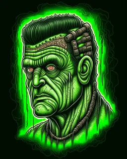 Frankenstein tattoo design, traditional tattoo style, t-shirt design, fantasy art, digital painting, clean dark background, 8K