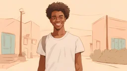 Young happy hipster African American teen guy isolated on pastel beige background. Smiling cool curly ethnic generation z teenager student model standing looking at camera posing for portrait.