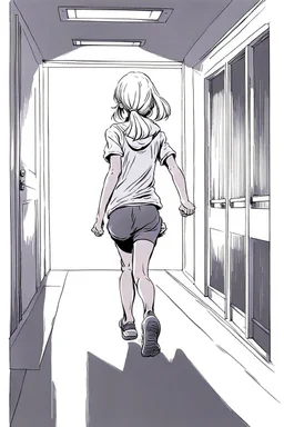 blonde girl runs in a corridor, back view, line arts, manga style