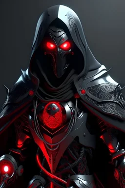 Female Warforged robotic warrior, with round red glowing eyes, cloak, wearing black procelain armor with demon symbols, medieval style, dungeons and dragons