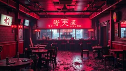 A japanese broken , destroyed pub , red lighting , a broken bar in the background , empty space in the centre , tables and chairs lying around topples , broken glass door in the corner , broken sign