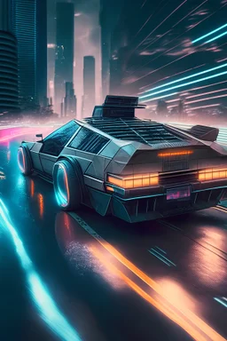 futuristic delorean driving on a grid cyberpunk highway, unreal engine, hyper detailed
