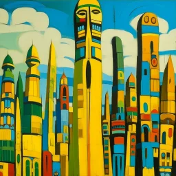 A yellow big bustling city designed in pacific Northwest totem poles painted by Alexej von Jawlensky