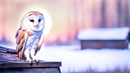 a barn owl sitting an old ruined hut's rooftop and looking to te camera, over a winter landscacpe with european forest , little light, sunrise, high detailed, sharp focuses, photorealistic, perspective, cinematic