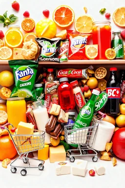 A design filled with various fruit juices, chips, Fanta, Coca-Cola, Sprite, various chocolates, shopping carts, cheese, butter, pasteurized milk, and dairy products in bright, cheerful, and eye-catching colors.