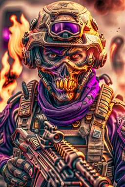 an epic 12k,ultra high definition , digital photo of a scary looking alien, purple colored alien, angy and rising from the ashes, a war veteran, army beret , captain rank, ripped and torn ammo clothing, chaotic fiery and dust background, dramatic close-up action shot of him behind the machine hand gun on the burned out war tanker,gothic and sinister