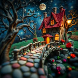 Photograph hasselblad h6d400c --ar 85:128 --v 6.0 of a fairy old bridge, tree, old bewitched house, made of felt, art, 3d deep field, light tiltshift, wide angle landscape scene, galaxies, creepy, Joan Miró, Max Ernst, needlepoint, abstract silhoutte, expressionist style, colorful holiday, ornate