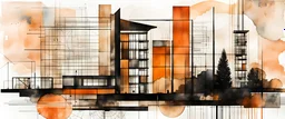 Create a slightly abstract illustration with technical bauhaus architectural drawings mixed with technical text, primarily in black, raw collage artwork, offwhite background color, garden and skies in watercolor strokes. rusty orange muted color shades