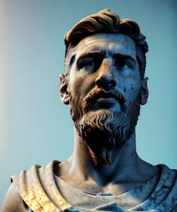 Ultra Realistic image, roman sculpture, marble deluxe material, Lionel Messi, gold radial circle sun crown, miguel angel style, chisel style, emperador, waist up portrait, cinematic lighting, God light, god rays, 4k resolution, smooth details, ornate details, soft lighting, unreal engine 5, sky background.