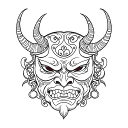 White, minimalis line art , oni mask japanes , vector, white background, outline, with images neatly contained within the background, just black and white color,