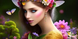 bright fairy, beautiful portrait, flowery landscape