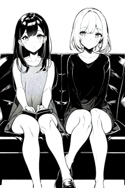 two girls play video games sitting on a two-seater sofa, greyscale