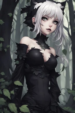 CAT GIRL, goth, forest, nature, cartoon, leaves, half black half white hair, boobs